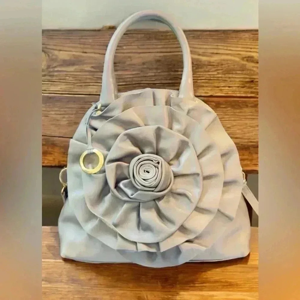 Milano Bags Silver Gray Flower Satchel Tote - Picture 3 of 16